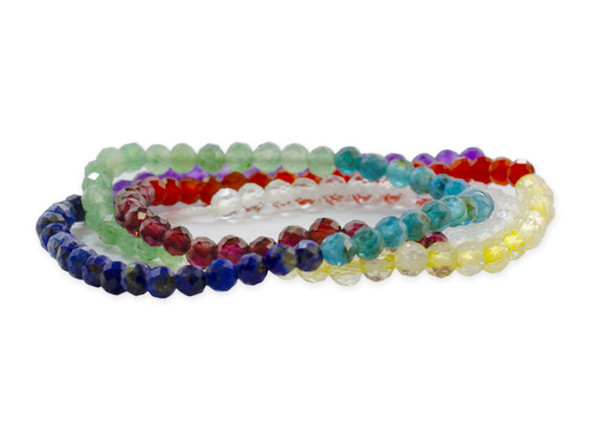 This Dakota Stones Chakra Stones 3mm Faceted Round Bead Strand contains 8 different varieties of gemstones representing the different Chakras. The included gemstones are Amethyst, Lapis, Blue Apatite, Green Aventurine, Citrine, Carnelian, Red Garnet and Crystal Quartz.  These beads feature a round shape with facets for extra sparkle. Each strand includes approximately 128 beads, with about 16 in each color. Size: 3mm Hole Size: 0.8mm