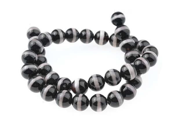 Dakota Stones Black Dzi Agate 10mm Line Pattern - 15-Inch Bead Strand