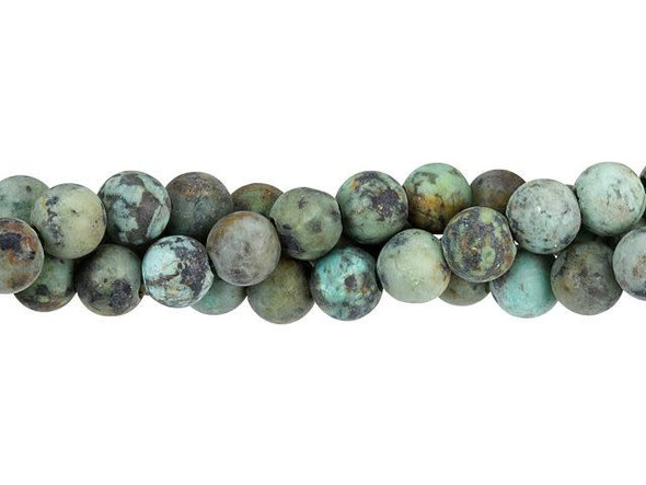 Give your designs an organic look with these African Turquoise beads from Dakota Stones. Available by the strand, these gemstone beads are perfectly round in shape, so you can use them in all kinds of styles. Each bead features a wide stringing hole, perfect for using with thicker stringing materials like leather cord. They feature turquoise blue and green colors with a black matrix and a muted matte finish. This stone is mined in Africa and is actually a type of spotted teal Jasper rather than turquoise. It is given its industry name because the matrix structure and shade is similar to that of turquoise. Metaphysical Properties: Often called the stone of evolution, African Turquoise Jasper encourages growth and development not only in the body, but in the mind. Some spiritualists believe that it will attract money to the wearer.Because gemstones are natural materials, appearances may vary from bead to bead. Each strand includes approximately 24 beads.