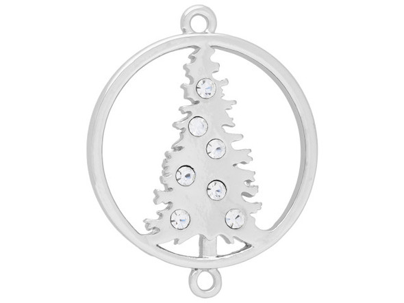 Bring your designs together with this festive Christmas tree connector.  This connector features a circular frame with a Christmas tree in the middle. The tree is decorated with small crystals. There are loops at the top and bottom of the frame. This connector has a versatile silver shine.