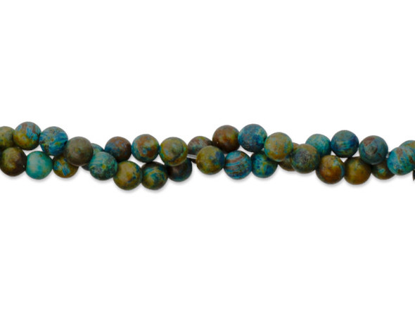 Bring gemstone style to your designs with this Dakota Stones blue sky jasper 4mm round bead strand. These beads feature a classic round shape and a vibrant blue color mixed with greens and browns. Their versatile size makes them a good choice for all kinds of projects. Because gemstones are natural materials, appearances may vary from piece to piece. Size: 4mm, Hole Size: 0.8mm