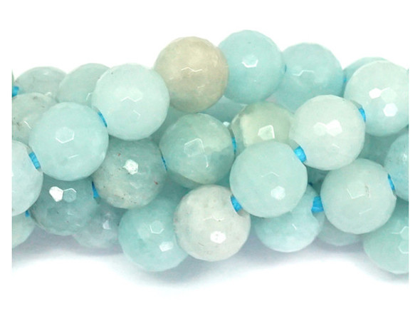 Gemstone beauty fills these aquamarine beads from Dakota stones. These beads are round with many facets that catch the light and make these beads really sparkle. They feature a versatile size that you can use in all kinds of designs. These beads would look wonderful in matching necklace and bracelet sets. Their large stringing hole makes these beads great for use with thicker stringing materials. Aquamarine is the Latin term for &ldquo;water of the sea.&rdquo; This stone was once thought to be the treasure of mermaids, as well as a lucky stone for sailors. Because gemstones are natural materials, appearances may vary from bead to bead.