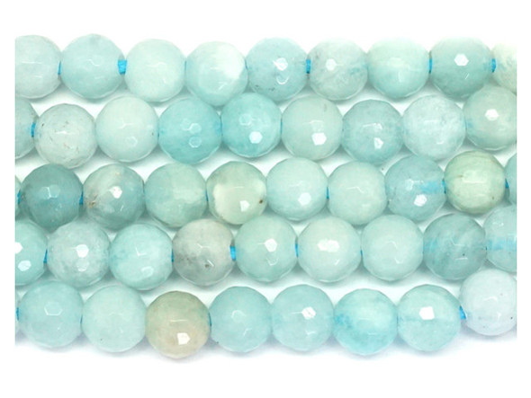 Gemstone beauty fills these aquamarine beads from Dakota stones. These beads are round with many facets that catch the light and make these beads really sparkle. They feature a versatile size that you can use in all kinds of designs. These beads would look wonderful in matching necklace and bracelet sets. Their large stringing hole makes these beads great for use with thicker stringing materials. Aquamarine is the Latin term for &ldquo;water of the sea.&rdquo; This stone was once thought to be the treasure of mermaids, as well as a lucky stone for sailors. Because gemstones are natural materials, appearances may vary from bead to bead.