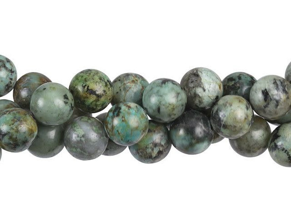 Give your jewelry designs gemstone style. These Dakota Stones beads are perfectly round in shape and bold in size. They are sure to stand out in necklaces and bracelets. This stone is mined in Africa and is actually a type of spotted teal Jasper rather than turquoise. It is given its industry name because the matrix structure and shade is similar to that of turquoise. It has a Mohs hardness of 6. Metaphysical Properties: Often called the stone of evolution, African Turquoise Jasper encourages growth and development not only in the body, but in the mind. Some spiritualists believe that it will attract money to the wearer.Because gemstones are natural materials, appearances may vary from piece to piece. Each strand includes approximately 20 beads.