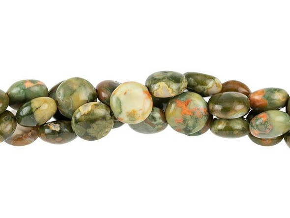 Lush style fills these Dakota Stones beads. The puff coin shape is wonderfully versatile. You can use these beads as an accent to lend extra color or dimension to a statement piece or you can use them as substitutes for rounds in simple strung and knotted designs. They also work as focal elements in a structured piece of bead weaving. These rhyolite beads feature swirls of sage, olive, cream, and brown colors, perfect for adding woodland beauty to any style. Rhyolite was named "streaming rock" because of its beautiful bands, bubbles, and crystal-rich layers that form as lava flows onto the surface of the stone. Metaphysical Properties: Rhyolite shows us how to relish in the vast potential within ourselves. This is a stone used for meditation, progression in life, focusing on the present moment and for resolving issues not yet complete.Because gemstones are natural materials, appearances may vary from piece to piece. Each strand includes approximately 25 beads.