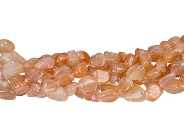 Put some sweet color into your designs with these Dakota Stones gemstone beads. These peach Moonstone beads feature rounded pebble shapes, for an organic look in your designs. They are versatile in size, so you can use them in necklaces, bracelets, and even earrings. They feature peachy pink colors with hints of glittering sheen. Metaphysical Properties: Moonstone is said to be a stone of love and is believed to aid in self-expression.Because gemstones are natural materials, appearances may vary from bead to bead. Each strand includes approximately 55-66 beads.Length 4-13mm, Width 4-8mm