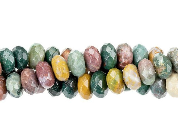 Add elegant colors to designs with these Dakota Stones gemstone beads. These beads feature a classic rounded shape. They would make excellent spacers between larger beads. Each bead features diamond-shaped facets cut into the surface that showcase the color of the beads wonderfully. Named for the village near where it is found in Madagascar, Kabamby Ocean Jasper is known for its colors - dark green and mustardy yellow, with accents of pink, red, and white. You'll also love the beautiful patterns. Metaphysical Properties: Ocean Jasper is believed to be linked to the lost city of Atlantis and to hold mystic knowledge. Because gemstones are natural materials, appearances may vary from bead to bead. Each strand includes approximately 38 beads. 