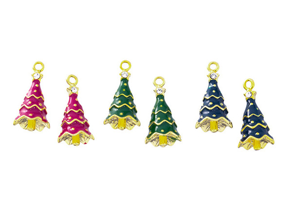 Add some holiday cheer your designs with this charm assortment. This assortment comes with three different colors of Christmas tree charms: blue, red, and green. There are two of each color included for a total of six charms. These charms have a golden base and feature colored enamel. All charms have a hole size of about 2.0mm Charm dimensions: All three varieties are 21 x 10mm
