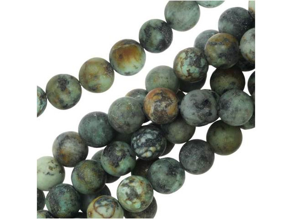 Stand out with gemstone style. These Dakota Stones beads are perfectly round in shape and would look great in matching necklace and bracelet sets. They feature turquoise color with a brown and black matrix. The matte finish adds a soft appearance. This stone is mined in Africa and is actually a type of spotted teal Jasper rather than turquoise. It is given its industry name because the matrix structure and shade is similar to that of turquoise. It has a Mohs hardness of 6. Metaphysical Properties: Often called the stone of evolution, African Turquoise Jasper encourages growth and development not only in the body, but in the mind. Some spiritualists believe that it will attract money to the wearer.Because gemstones are natural materials, appearances may vary from bead to bead. Each strand includes approximately 24 beads.