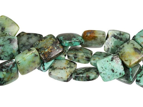 Add modern touches to your style. These Dakota Stones gemstone beads feature a square shape that will stand out with contemporary beauty in necklaces, bracelets, and even earrings. Each bead features turquoise color with a brown and black matrix. This stone is mined in Africa and is actually a type of spotted teal Jasper rather than turquoise. It is given its industry name because the matrix structure and shade is similar to that of turquoise. It has a Mohs hardness of 6. Metaphysical Properties: Often called the stone of evolution, African Turquoise Jasper encourages growth and development not only in the body, but in the mind. Some spiritualists believe that it will attract money to the wearer.Because gemstones are natural materials, appearances may vary from piece to piece. Each strand includes approximately 16 beads.