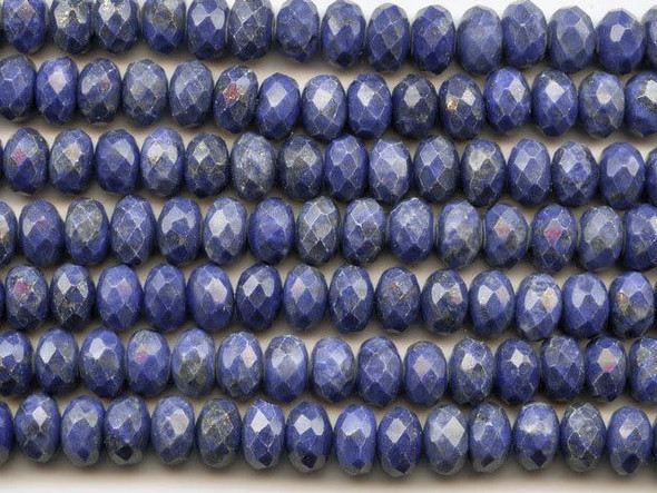 Dazzling deep blue color shimmers with hints of gold in the lapis lazuli 8mm faceted roundel beads from Dakota Stones. These rounded beads feature diamond-shaped facets cut into their surface to enhance their shine with a glittering effect. The deep blue color of these beads is flecked with gold. Lapis lazuli is a semi-precious stone that contains primarily lazurite, calcite and pyrite. It was among the first gemstones to be worn as jewelry and worked on. Metaphysical Properties: Lapis lazuli is said to enhance insight, intellect and awareness.Because gemstones are natural materials, appearances may vary from bead to bead. Each strand includes approximately 24 beads.