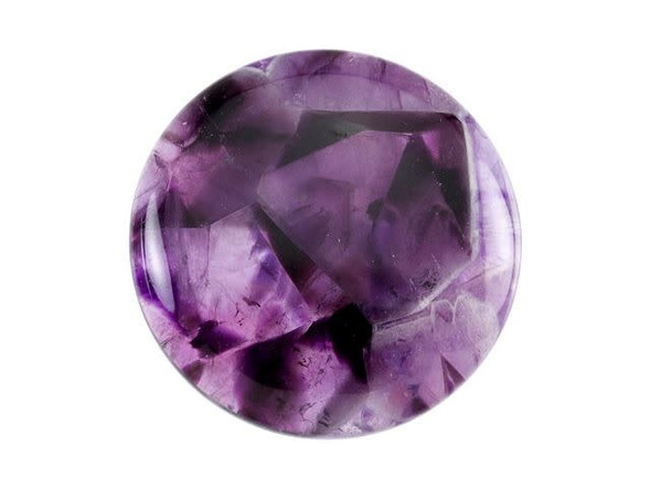 Bring beautiful purple color to designs with this cabochon from Dakota Stones. This cabochon is circular in shape and features a slightly domed front that will stand out in designs. The back of the cabochon is flat, for easy application. Use it in a bezel setting or in bead embroidery. Dog teeth amethyst is a combination of amethyst and white quartz mixed together in a striped, chevron pattern. It is named for its resemblance to the dog tooth violet. The stone is also known as chevron amethyst. Metaphysical Properties: Dog teeth amethyst is said to help remove resistance to change and to dissipate and repel negativity of all kinds.Because gemstones are natural materials, appearances may vary from piece to piece. Our amethyst beads have nice, deep color, but may show natural inclusions.Diameter 25mm, Total Height 5.5mm