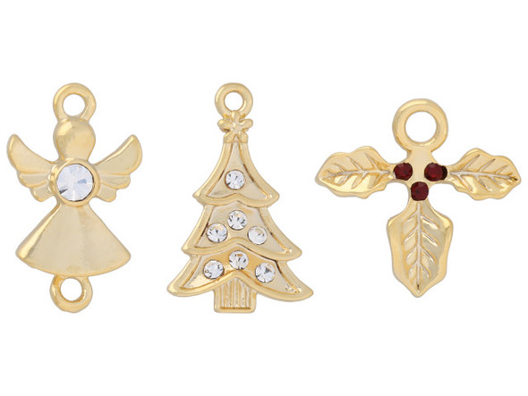 Charm Assortment - 3 Gold Charms - Sparkle Tree, Angel, and Poinsettia