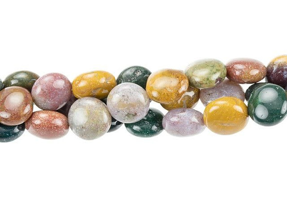 Gorgeous colors fill these Dakota Stones gemstone beads. The puff coin shape is wonderfully versatile. You can use these beads as an accent to lend extra color or dimension to a statement piece or you can use them as substitutes for rounds in simple strung and knotted designs. They also work as focal elements in a structured piece of bead weaving. Named for the village near where it is found in Madagascar, Kabamby Ocean Jasper is known for its colors - dark green and mustardy yellow, with accents of pink, red, and white. You'll also love the beautiful patterns. Metaphysical Properties: Ocean Jasper is believed to be linked to the lost city of Atlantis and to hold mystic knowledge. Because gemstones are natural materials, appearances may vary from bead to bead. Each strand includes approximately 25 beads. 