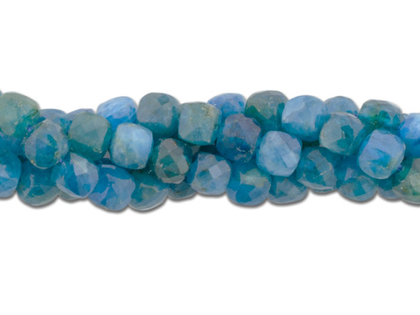Bring gemstone beauty into your designs with these 4mm faceted cube beads from Dakota Stones. These beads feature a rounded cube shape with many facets that catch the light and add sparkle. The name apatite derives from the Greek word "apate," meaning to deceive, because it is often mistaken for other stones. The color of this material is such a vibrant blue that it is difficult to believe it could be found naturally. But this color is natural. Metaphysical Properties: Often called a dual-action stone, blue apatite is used to achieve goals. It removes negativity, confusion and stimulates the mind to expand knowledge and truth. It is a great stone for encouraging inspiration and is famous for deepening meditation. Because gemstones are natural materials, appearances may vary from piece to piece. Dimensions: 4 x 4mm, Hole Size 0.8mm