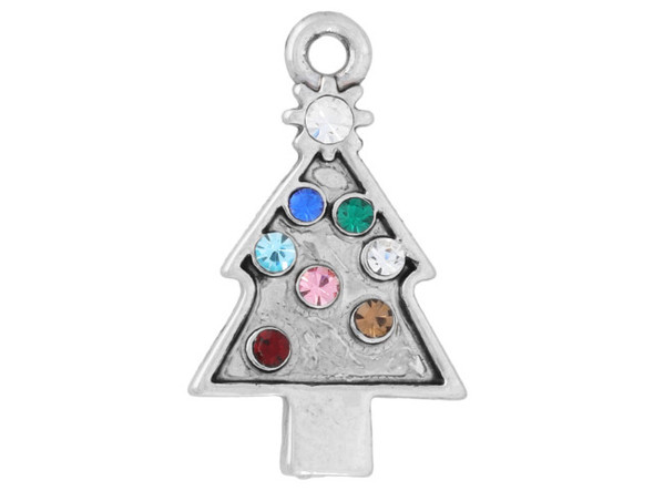 Decorate your designs with this assortment of holiday charms. This set of three charms comes with a snowman, a frame outline of a tree, and a Christmas tree decorated with small crystals. All of the charms feature loops on the top so they can easily be added to your designs. These charms feature a versatile silver shine. All charms have a hole size of about 2.0mm Charm Dimensions: Snowman 20 x 10mm, Frame Tree 23 x 14mm, Color Tree 20 x 12mm