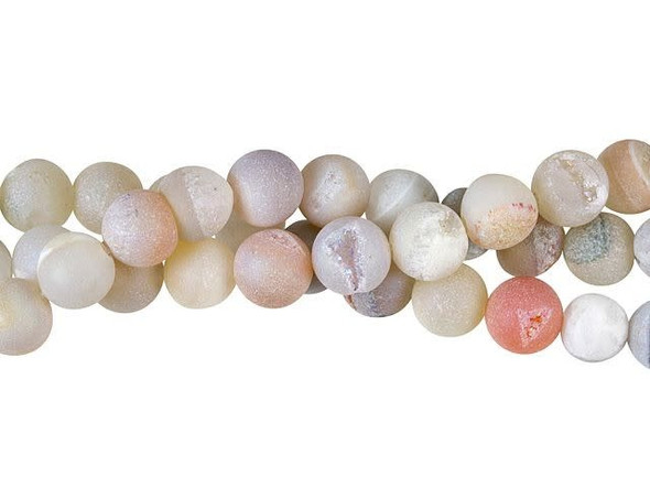Update designs with a hint of magical style using the Dakota Stones 8mm natural AB druzy agate round beads. These beads feature a classic round shape that will work in a variety of designs. The surface of each bead is smooth, but some feature open crevices that reveal the sparkling druzy within. Druzy is a coating of fine crystals on a rock fractured surface, vein or within a geode. These beads display neutral white, sand, gray and amber colors. Use them in necklaces, bracelets and earrings.Because gemstones are natural materials, appearances may vary from piece to piece. Each strand includes approximately 47 beads.