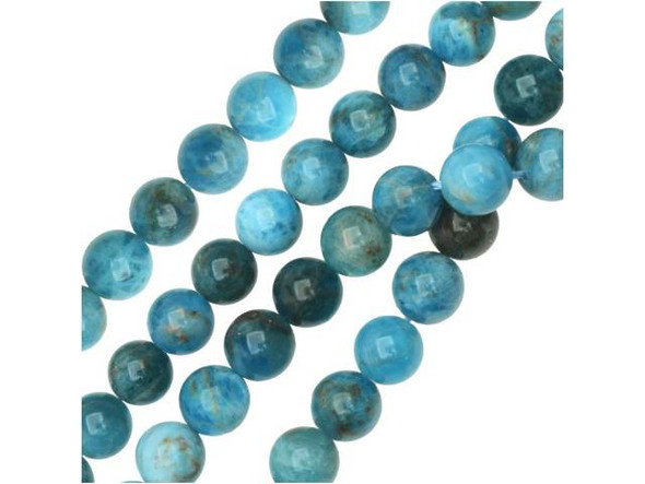 Give your designs an aquatic feel with the blue apatite 8mm round beads from Dakota Stones. Available by the strand, these round beads feature sea-worthy colors, including dark blue, ocean green and hints of foamy white. These beads are the perfect size for using in necklaces and bracelets. Blue apatite is a blue transparent phosphate material. It derives from the Greek word "apate," meaning to deceive, because it is often mistaken for other stones. The color of this material is such a vibrant blue that it is difficult to believe it could be found naturally. But this color is 100% natural. Mined in Brazil, Mexico, Myanmar, Africa and the USA, this stone has a Mohs hardness of 5. Metaphysical Properties: Often called a dual-action stone, blue apatite is used to achieve goals. It removes negativity, confusion and stimulates the mind to expand knowledge and truth. It is a great stone for encouraging inspiration and is famous for deepening meditation.Because gemstones are natural materials, appearances may vary from piece to piece. Each strand includes approximately 24 beads.