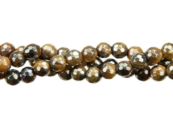 Dazzling beauty lies within these Dakota Stones 6mm faceted Tiger&rsquo;s Eye gemstone beads. These faceted round beads have lots of small facets that really catch the light. The aurora coating adds extra shine to these beads. Tiger&rsquo;s eye is a variety of quartz which is chatoyant because of parallel intergrowth of quartz crystals and altered amphibole fibers that mostly turn to limonite. These beads are limited edition, so we may not be able to restock them once they are gone. Metaphysical Properties: Tiger's eye can be used to balance pessimistic behavior and it dissolves negative energy and thought patterns. This "all-seeing stone" allows perspective on any situation and it can help gently attune the Third Eye. It is said to enhance psychic abilities, such as clairvoyance. It has also been used to enhance wealth and vitality. Because gemstones are natural materials, appearances may vary from bead to bead. Each strand includes approximately 60 beads. Dimensions: 6mm