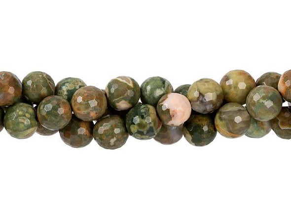You'll love the lush colors on display in these gemstone beads. These beads are round in shape, so they're a classic choice for many styles. They feature a faceted surface, giving each bead more shine. These beads are the perfect size for matching necklace and bracelet sets. These rhyolite beads feature swirls of sage, olive, cream, and brown colors, perfect for adding woodland beauty to any style. Rhyolite was named "streaming rock" because of its beautiful bands, bubbles, and crystal-rich layers that form as lava flows onto the surface of the stone. Metaphysical Properties: Rhyolite shows us how to relish in the vast potential within ourselves. This is a stone used for meditation, progression in life, focusing on the present moment and for resolving issues not yet complete.Because gemstones are natural materials, appearances may vary from bead to bead. Each strand includes approximately 24 beads.