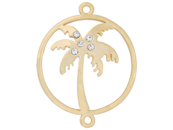 Add some festive fun to your designs with this palm tree connector. This connector features a circular frame with a palm tree in the middle. The leaves of the tree are decorated with small crystals. There are loops at the top and bottom of the frame. This connector has a golden shine.