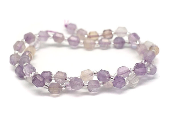 Energize your designs with this Dakota Stones ametrine faceted 6mm energy prism bead strand. The beads on this strand feature a faceted cut helping them catch the light. This strand features spacers between each of the beads, so you could use it as-is, or string the beads into a design. Ametrine is quartz that occurs in bands of purple and yellow. As the name suggests, it is a combination of Amethyst and Citrine. The different colored zones in the stone result from different oxidation states of iron, due to exposure to different temperatures during its formation. It is believed that Ametrine was first introduced to Europe by a conquistador&rsquo;s gift from Bolivia to the Spanish Queen. Because gemstones are natural materials, appearances may vary from piece to piece.