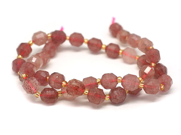Energize your designs with this Dakota Stones strawberry quartz faceted 8mm energy prism bead strand. The beads on this strand feature a faceted cut helping them catch the light. This strand features spacers between each of the beads, so you could use it as-is, or string the beads into a design. Strawberry quartz is a translucent, milky-pink silicon dioxide mineral. Its needle-like inclusions of hematite are iridescent red. Metaphysical Properties: Quartz has been highly valued by virtually every civilization throughout history, often used in healing and meditation, as religious objects in funerary rites, and to dispel evil. Because gemstones are natural materials, appearances may vary from piece to piece. 