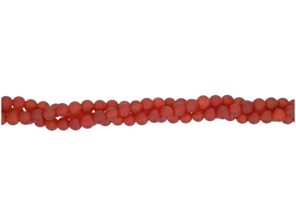 Put a sophisticated glow of color into your designs with the matte carnelian 4mm round beads from Dakota Stones. Available by the strand, these beads are small and spherical in shape, featuring soft red color with hints of orange. These small bead are great for using as spacers to add colorful accents to designs. Carnelian is a translucent chalcedony or an A-grade agate that receives its beautiful red tints from iron oxides. Most deep red carnelian is heat treated to darken the material evenly; these have been sandblasted to give them a matte finish. Carnelian is also known as the Mecca stone and natural agate. It has a Mohs hardness of 6.5. Metaphysical Properties: Often known as a motivation stone, carnelian is used for physical training and balancing body energy levels.Because gemstones are natural materials, appearances may vary from bead to bead. Carnelian is heat-treated to have a consistent color across the bead and strand. The color is very consistent. Each strand includes approximately 52 beads.