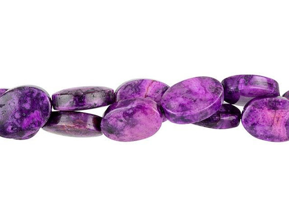 These purple crazy lace agate 10x14mm oval beads from Dakota Stones are full of banded colors and layered patterns. These simple oval-shaped beads feature purple colors swirled with black and burgundy. They have a Mohs hardness of 6.5-7. Mexican crazy lace agate is normally an opaque white gemstone with swirling patterns, but these beads are color enhanced to emphasize these beautiful patterns. Color enhancing is common amongst agates to make them fashionably relevant. Metaphysical Properties: Often called the happy stone, crazy lace agate promotes laughter and optimism. Because gemstones are natural materials, appearances may vary from bead to bead. Each strand includes approximately 14 beads. 