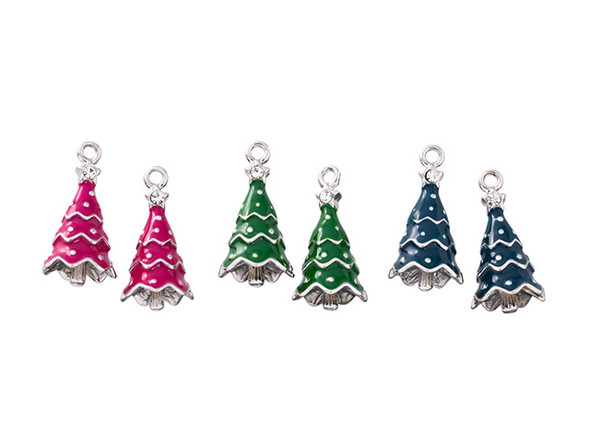 Charm Assortment - 6 Silver Enamel Tree Charms (2 Each of Blue, Red, and Green)