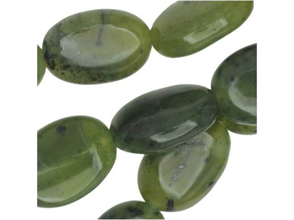 Add elegant shape and lush color to designs with these gemstone beads from Dakota Stones. These beads feature a classic oval shape full of sophistication. Layer them into long necklace strands, add them to bracelets, or even showcase them in earrings. These beads feature a rich green color with small flecks of black.Because gemstones are natural materials, appearances may vary from bead to bead. Each strand includes approximately 14 beads. 