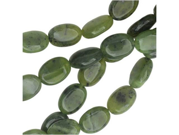 Add elegant shape and lush color to designs with these gemstone beads from Dakota Stones. These beads feature a classic oval shape full of sophistication. Layer them into long necklace strands, add them to bracelets, or even showcase them in earrings. These beads feature a rich green color with small flecks of black.Because gemstones are natural materials, appearances may vary from bead to bead. Each strand includes approximately 14 beads. 