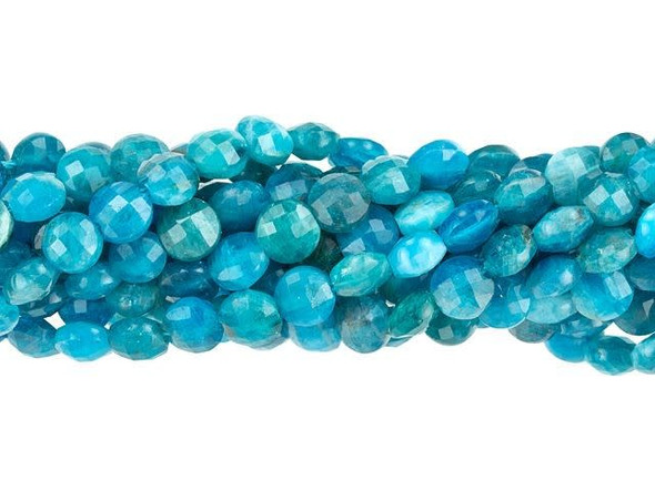 Add gleaming accents to designs with these Dakota Stones beads. These small gemstone beads feature a circular shape with a puffed edge and a diamond-cut faceted face. The surface catches the light in a multitude of directions. Use these small beads as accents of color and shine in all kinds of jewelry projects. The color of this material is such a vibrant blue that it is difficult to believe it could be found naturally. But this color is 100% natural. Metaphysical Properties: Often called a dual-action stone, blue apatite is used to achieve goals. It removes negativity, confusion and stimulates the mind to expand knowledge and truth. It is a great stone for encouraging inspiration and is famous for deepening meditation.Because gemstones are natural materials, appearances may vary from piece to piece. Each strand includes approximately 100 beads.