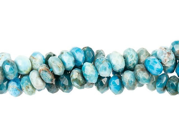 Add splashes of blue to designs with these Dakota Stones beads. These beads feature a rounded shape with diamond-shaped facets cut into the surface for extra texture and shine. They are the perfect size for matching necklace and bracelet sets. Use them as spacers between bigger beads. They feature sea-worthy colors, including dark blue, ocean green and hints of foamy white. Blue apatite derives its name from the Greek word "apate," meaning to deceive, because it is often mistaken for other stones. Metaphysical Properties: Often called a dual-action stone, blue apatite is used to achieve goals. It removes negativity, confusion and stimulates the mind to expand knowledge and truth. It is a great stone for encouraging inspiration and is famous for deepening meditation.Because gemstones are natural materials, appearances may vary from piece to piece. Each strand includes approximately 24 beads.