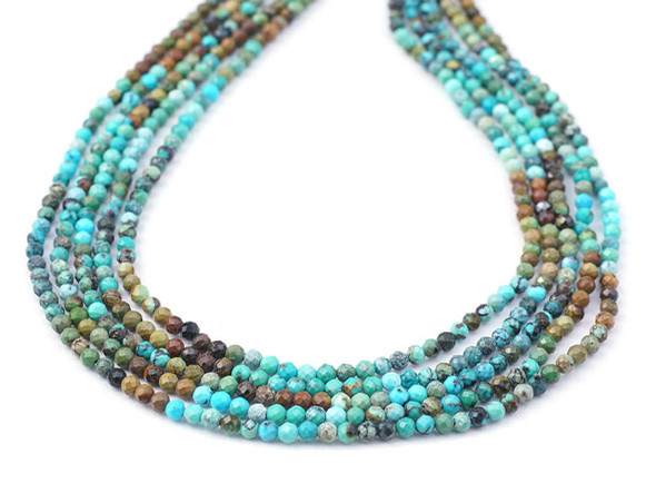 Dakota Stones Hubei Turquoise 2mm Blue/Matrix/Green/Brown Round Faceted Banded 15-16" Bead Strand