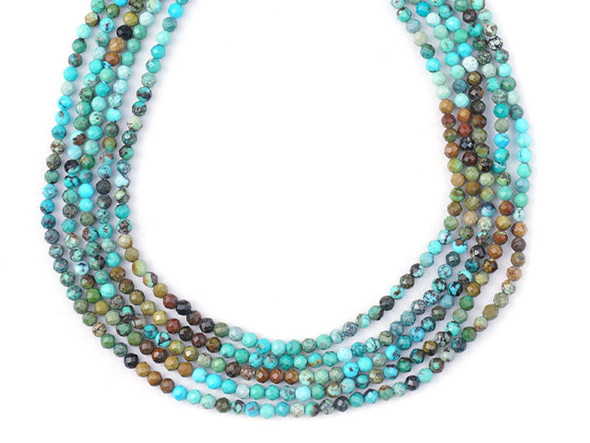 Dakota Stones Hubei Turquoise 2mm Blue/Matrix/Green/Brown Round Faceted Banded 15-16" Bead Strand