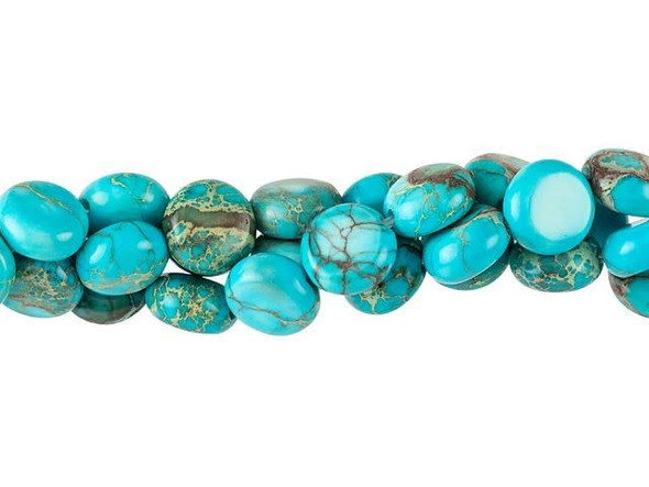 Showcase splashes of gemstone style in your jewelry with these Dakota Stones beads. The puff coin shape is wonderfully versatile. You can use these beads as an accent to lend extra color or dimension to a statement piece or you can use them as substitutes for rounds in simple strung and knotted designs. They also work as focal elements in a structured piece of bead weaving. Impression jasper comes in a variety of colors. These beads have been dyed a bright aqua blue color, which creates a striking contrast with the tan and crimson matrix colors. Metaphysical properties: Impression Jasper is used to find clarity and inner peace.Please note that these beads are made from composite gemstones. Because gemstones are natural materials, appearances may vary from piece to piece. Each strand includes approximately 25 beads.