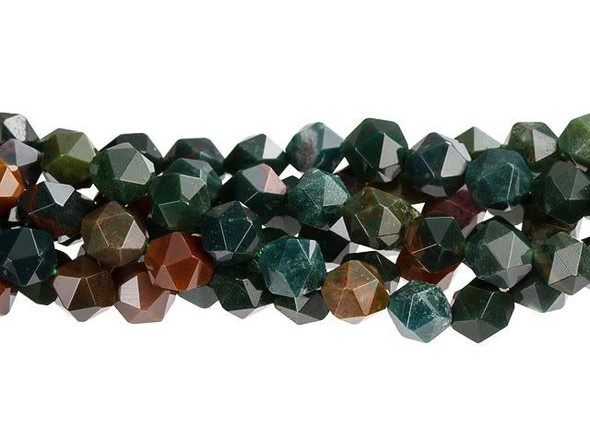 These Dakota Stones bloodstone beads are shiny and earthy. These gemstone beads feature a round shape with a star cut filled with triangular facets. You'll love using these beads in matching necklace and bracelet sets. They feature dark green and teal colors with hints of brown and terracotta red. Pair them with reds and browns for an autumn look or try them with fiery copper. Metaphysical Properties: Bloodstone is said to be a stone of courage and wisdom.Because gemstones are natural materials, appearances may vary from piece to piece.