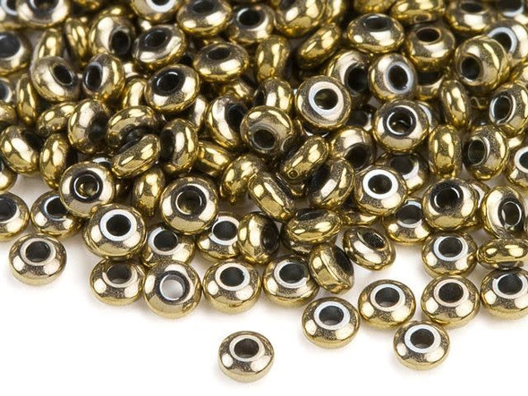 Accent designs with a touch of gold using these hematite beads from Dakota Stones. These beads feature a classic rondelle shape that will work with a variety of styles. They are tiny in size, so you can use them in spacers in all kinds of looks. They are a welcome addition to necklaces, bracelets, and earrings. String several together for a fun effect. These beads feature a deep metallic gold shine, perfect for creating regal looks. Metaphysical properties: Often called "The Blood Stone," hematite is a great stone for physical and mental healing.Because gemstones are natural materials, appearances may vary from piece to piece. Each strand includes approximately 194 beads.