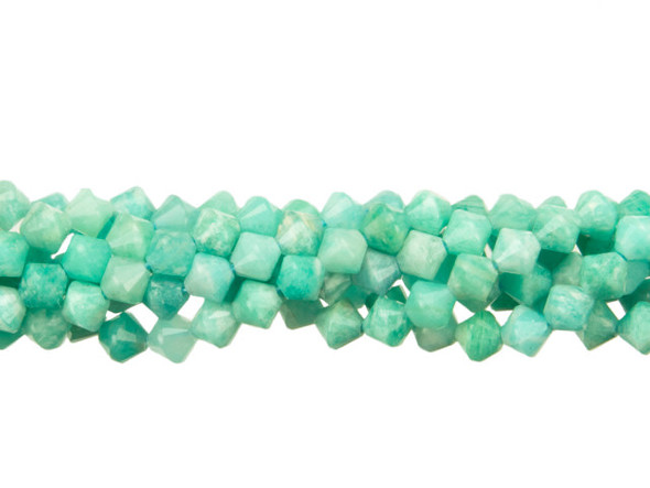 You'll love these 4mm Brazilian amazonite dia-cut bicone beads from Dakota Stones. They feature a bicone shape with facets that catch the light. These beads have a teal green color with a marble-like pattern. These gemstone beads are limited edition and we may not be able to restock them once they&rsquo;re gone.Because gemstones are natural materials, appearances may vary from piece to piece.Each strand includes approximately 90 beads.