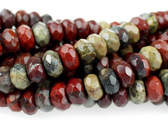 Add a splash of delicious color to your designs with the Dakota Stones 8mm Apple Jasper faceted roundel beads. These beads feature a rounded shape with diamond-shaped facets cut into the surface for extra texture and shine. They are the perfect size for matching necklace and bracelet sets. Use them as spacers between bigger beads. These beads feature the rich and juicy colors of fresh apples hanging from a tree. Deep red mingles with hints of leafy green and bark brown. Pair them with earthy colors for a pleasing display. Jasper is an opaque variety of quartz, with a microscopic crystalline structure. Metaphysical Properties: Jasper is thought to improve vision and protect from unseen dangers at night.Because gemstones are natural materials, appearances may vary from piece to piece. Each strand includes approximately 24 beads.