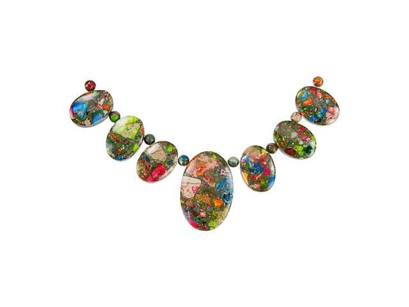 You can create colorful style with this pendant set from Dakota Stones. This set features seven oval focal beads in graduated sizes, all showcasing the colorful beauty of mixed Impression Jasper. Small round spacer beads are also included with the pendant beads. You can use these gemstone pendants all together in a statement necklace or mix them into multiple pieces of jewelry. Please note that these beads are made from composite gemstones.Because gemstones are natural materials, appearances may vary from bead to bead.Hole Size 1mm/18 gauge, Length 17.5-30mm, Width 12.5-20mm