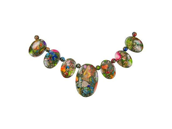 You can create colorful style with this pendant set from Dakota Stones. This set features seven oval focal beads in graduated sizes, all showcasing the colorful beauty of mixed Impression Jasper. Small round spacer beads are also included with the pendant beads. You can use these gemstone pendants all together in a statement necklace or mix them into multiple pieces of jewelry. Please note that these beads are made from composite gemstones.Because gemstones are natural materials, appearances may vary from bead to bead.Hole Size 1mm/18 gauge, Length 17.5-30mm, Width 12.5-20mm