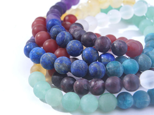 This Dakota Stones Chakra Stones 8mm Matte Round Bead Strand contains 8 different varieties of gemstones representing the different Chakras. The included gemstones are Amethyst, Lapis, Blue Apatite, Green Aventurine, Citrine, Carnelian, Red Garnet and Crystal Quartz. They have a matte finish for a frosted look. Each strand includes approximately 48 beads, with about 6 in each color. Size: 8mm Hole Size: 0.8mm