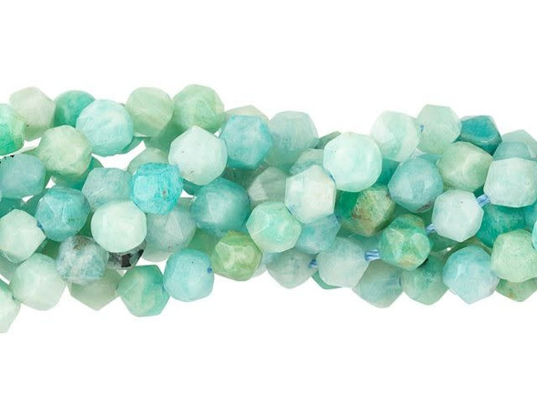 Create exciting styles with these Dakota Stones beads. These versatile gemstone beads feature a round shape with a star cut filled with triangular facets. With 20 facets, a star cut gemstone enhances even the most intense colors. It makes a great complement to PRESTIGE Crystal Components bicones and you can try it in wire-wrapping projects, too. These beads feature turquoise blue color that is sure to stand out in your style. Pair them with other shades of blue for an ocean look, or try them with green and yellow for a spring feel. Metaphysical Properties: Amazonite is said to balance energy, while promoting harmony and universal love. It is often called the stone of courage and the stone of truth, as it provides the ability to discover truths and integrity. Because gemstones are natural materials, appearances may vary from bead to bead. Each strand includes approximately 63 beads.