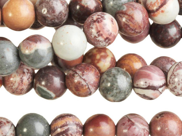 Bring gemstone style to your designs with these Sonora jasper beads from Dakota Stones. These beads feature a classic round shape. Sonora jasper is also known as Sonora dendritic. They get their name from there they are mined in Sonora, Mexico. These stones feature colors including shades of blue-gray, rust, gold, and rose along with deep maroon dendrites. Because gemstones are natural materials, appearances may vary from piece to piece.
