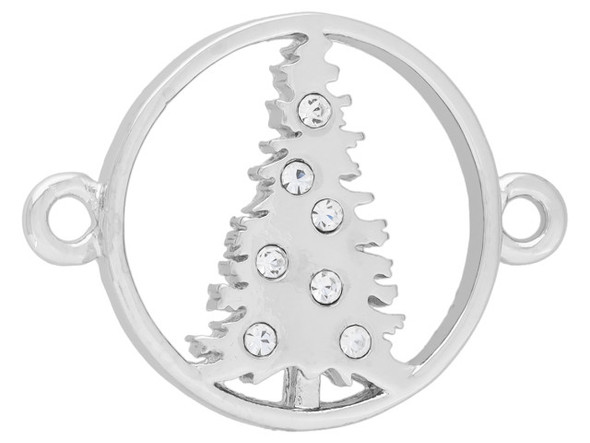Bring your designs together with this festive Christmas tree connector.  This connector features a circular frame with a Christmas tree in the middle. The tree is decorated with small crystals. There are loops on the left and right sides of the frame. This connector has a versatile silver shine.