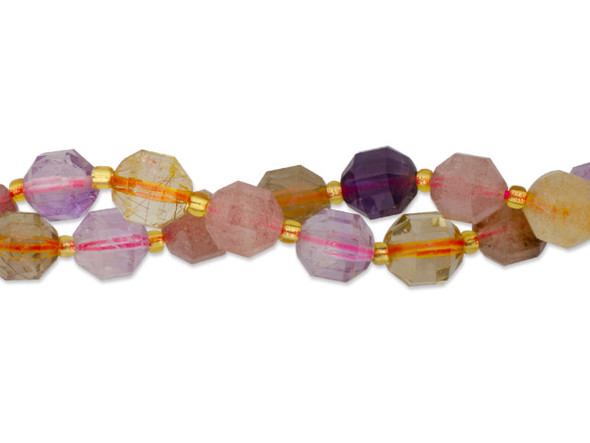 Energize your designs with this Dakota Stones mixed lodalite quartz faceted 10mm energy prism bead strand. The beads on this strand feature a faceted cut helping them catch the light. This strand features spacers between each of the beads, so you could use it as-is, or string the beads into a design. Mixed Lodolite is Quartz with inclusions of sand. These inclusions range broadly in type and color and produce patterns that can look like gardens. This inspired the stone&rsquo;s alias, Garden Quartz. Quartz has been highly valued by virtually every civilization throughout history, often used in healing and meditation and as religious objects in funerary rites and to dispel evil. Because gemstones are natural materials, appearances may vary from piece to piece. Size: 10mm, Hole Size: 0.8mm