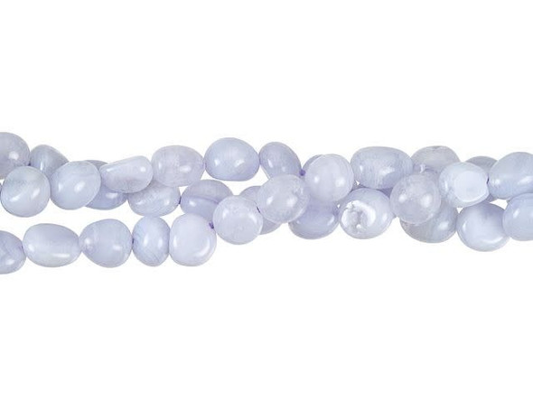 Add a cool touch to designs with the Dakota Stones blue lace agate 6-8mm pebble beads. These beads feature rounded pebble shapes full of organic beauty. They are versatile in size, so you can use them in necklaces, bracelets and earrings. These beads feature stripes of snowy white and sky blue color. They are a great representation of both chilly mountain air and a refreshing summer breeze.Because gemstones are natural materials, appearances may vary from piece to piece. Each strand includes approximately 55-66 beads.Length 6-9.5mm, Width 6-6.5mm