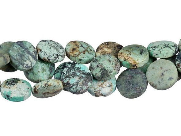 A cool color palette fills these Dakota Stones beads. These beads feature a circular coin shape that will stand out in necklaces, bracelets, and earrings. They display turquoise blue color with a brown and black matrix. The matte finish adds a soft appearance. This stone is mined in Africa and is actually a type of spotted teal Jasper rather than turquoise. It is given its industry name because the matrix structure and shade is similar to that of turquoise. It has a Mohs hardness of 6. Metaphysical Properties: Often called the stone of evolution, African Turquoise Jasper encourages growth and development not only in the body, but in the mind. Some spiritualists believe that it will attract money to the wearer.Because gemstones are natural materials, appearances may vary from bead to bead. Each strand includes approximately 16 beads.